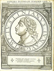 Iustinianus II, illustration from Imperatorum Romanorum Omnium Orientalium et Occidentalium Verissimae Imagines ex Antiquis Numismatis